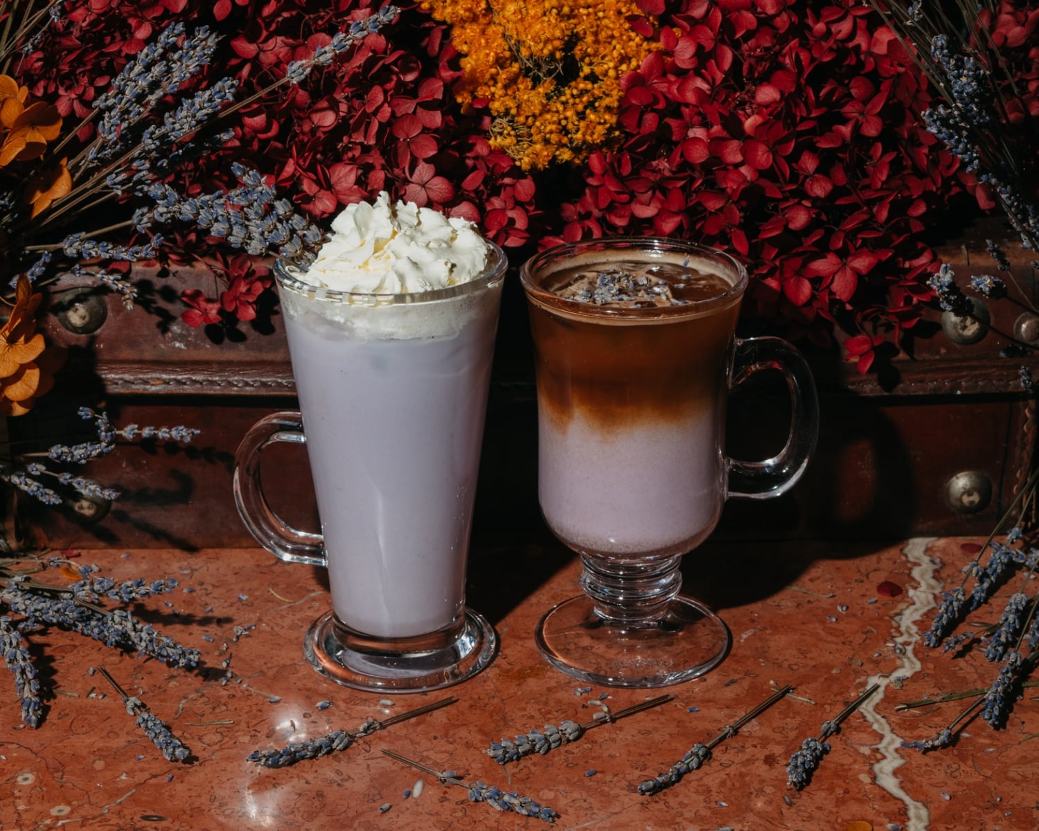 Lavender Iced Latte and Lavender Taro Latte at The Grounds Coffee Factory