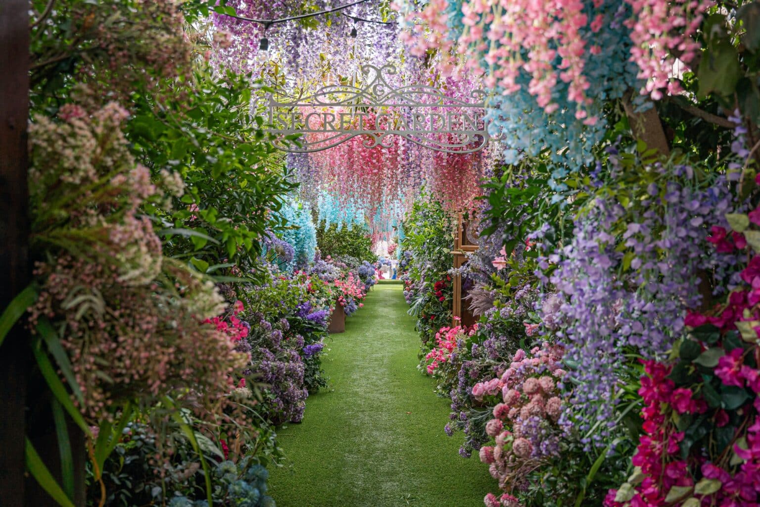 The vibrant, floral laneway display as part of The Grounds of Alexandria's Secret Garden theme.